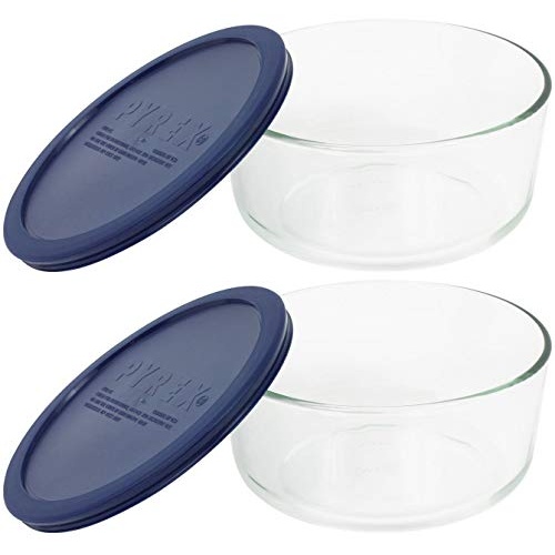 Pyrex Storage 4-Cup Round Dish with Dark Blue Plastic Cover, Clear (Pack of 2 Containers) - Image 1