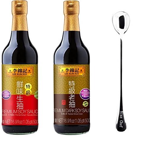 Lee Kum Kee Premium Light Soy Sauce, 16.9-Ounce + Lee Kum Kee Premium Dark Soy Sauce - 16.9 fl. Ounce + One NineChef Spoon - Image 1