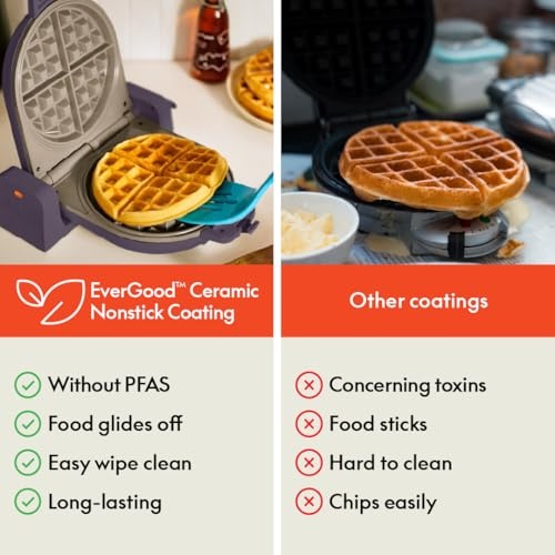 bella Flip-n-Store Belgian Waffle Maker, EverGood™ Ceramic Nonstick Coating, Fits-anywhere™ Kitchenware, Power Indicator Light & Touch Handle, 7” Wide & 1" Deep Plates, 1000 Watt, Plum - Image 4
