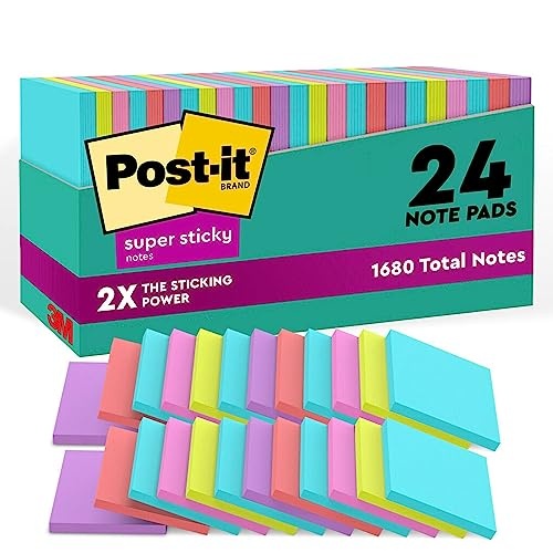 Post-it Super Sticky Notes, 24 Note Pads, 3x3 in., 2x the Sticking Power, School Supplies and Office Products, Sticky Notes for Vertical Surfaces, Monitors, Walls & Windows, Supernova Neons Collection - Image 1