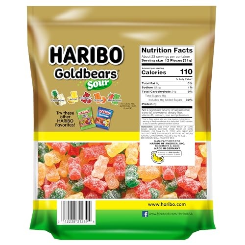 HARIBO Gummi Candy, Sweet & Sour Goldbears, Gummy Bears with A Twist, 25.6 Ounce Resealable Party Size Bag, Delicious Soft and Chewy Snacks, Assorted Fruity Flavors - Image 2