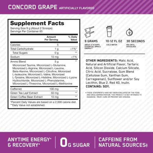 Optimum Nutrition Amino Energy - Pre Workout with Green Tea, BCAA, Amino Acids, Keto Friendly, Green Coffee Extract, Energy Powder - Concord Grape, 65 Servings (Packaging May Vary) - Image 7