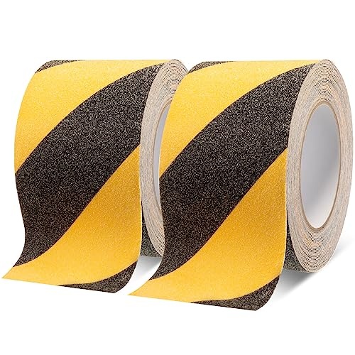 Pangda Abrasive Anti Slip Tape Self Adhesive Grip Tape Caution Warning Outdoor Stair Treads Traction Anti Slip Safety Grit for Stairs Ramps Skateboards Floor Deck, Yellow Black (2 Rolls, 4 In x 30 ft) - Image 1
