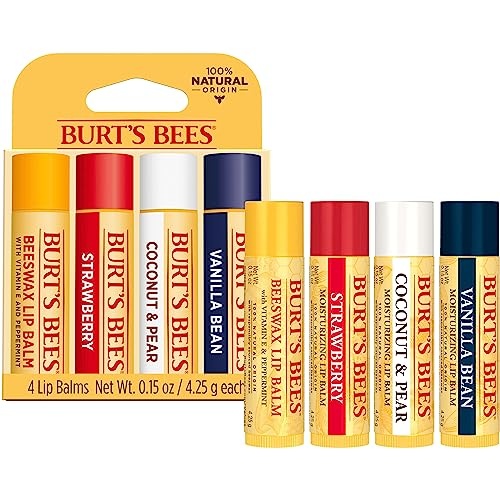 Burt's Bees Lip Balm Stocking Stuffers, Moisturizing Lip Care Christmas Gifts, Original Beeswax, Strawberry, Coconut & Pear, Vanilla Bean with Fruit Extracts, Natural Origin Lip Care (4-Pack) - Image 2