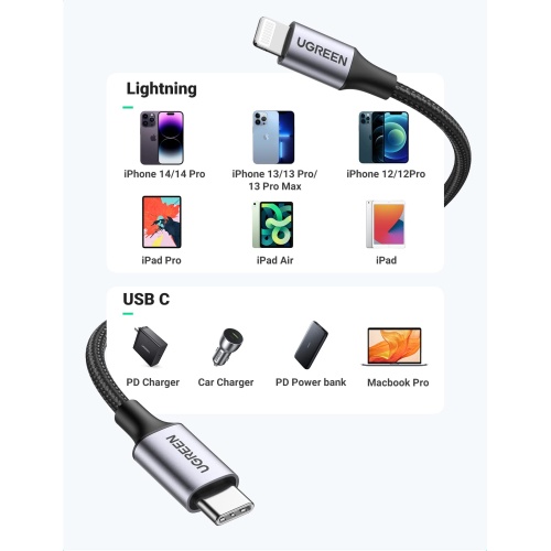 UGREEN USB C to Lightning Cable 6FT - MFi Certification Lightning Cable Compatible with iPhone 14/14 Pro/14 Pro Max, iPhone 13/12/11/X/XR/XS/8 Series, iPad 9, AirPods Pro, and More - Image 5