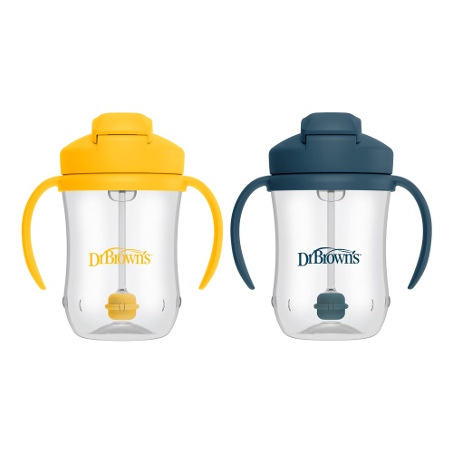 Dr. Brown's Milestones, Baby's First Straw Cup Sippy Cup with Straw, 6m+, 9oz/270ml, 2 Pack, Dark Blue & Vintage Yellow, BPA Free - Image 14