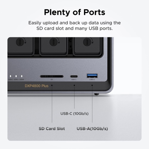 UGREEN NASync DXP4800 Plus 4-Bay Desktop NAS, Intel Pentium Gold 8505 5-Core CPU, 8GB DDR5 RAM, 128G SSD, 1 * 10GbE, 1 * 2.5GbE, 2 * M.2 NVMe Slots, 4K HDMI, Network Attached Storage (Diskless) - Image 2