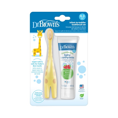 Dr. Brown's Infant-to-Toddler Training Toothbrush Set with Fluoride-Free Baby Toothpaste, Strawberry - Giraffe - 1.4oz - 0-3 years - Image 1