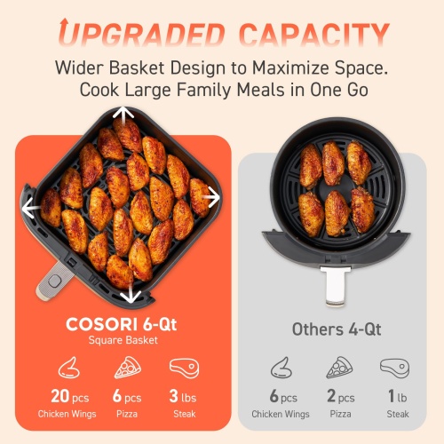 COSORI Air Fryer 9-in-1, Compact & Large 6-Qt, Fast Turbo Modes, 90°–450°F Even Results With Precise Temperature Control, Up to 95% Less Oil*, Roast, Bake, Dry, Reheat, Frozen, Broil, Proof, Grey - Image 4
