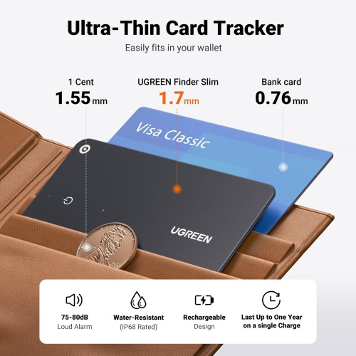 UGREEN FineTrack Slim Smart Finder Compatible with Apple Find My (iOS Only), 1.7mm Ultra-Slim Wallet Finder, IP68 Waterproof Rechargeable Bluetooth Tracker Card for Wallet, Key, Luggage Tags - Image 9