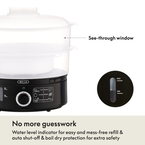 BELLA Two Tier Food Steamer with Dishwasher Safe Lids and Stackable Baskets & Removable Base for Fast Simultaneous Cooking - Auto Shutoff & Boil Dry Protection, Stainless Steel, 7.4 QT, Black - Image 6