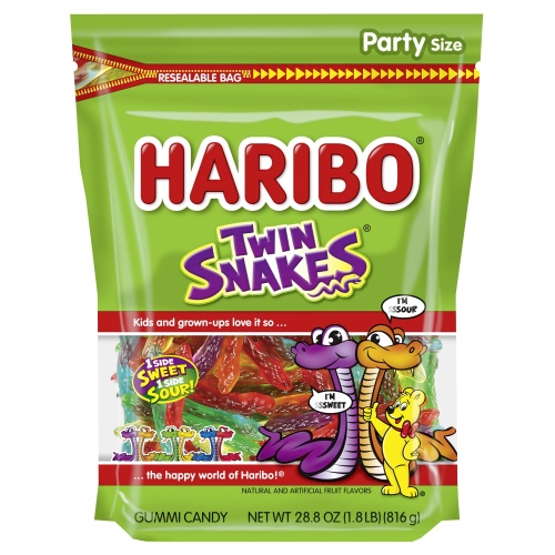 HARIBO Gummi Candy, Twin Snakes Sweet & Sour Gummy Candy, 28.8 Ounce Resealable Party Size Stand Up Bag, Soft & Chewy Snacks, Assorted Fruity Flavors - Image 1