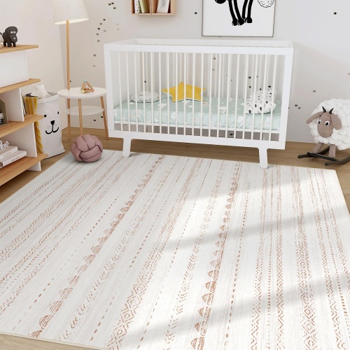 Area Rug Living Room Rugs: 5x7 Washable Boho Large Neutral Farmhouse Soft Moroccan Stain Resistant Indoor Floor Carpet for Bedroom Nursery Kids Playroom Office Dining Room Home House Decor- Brown - Image 3