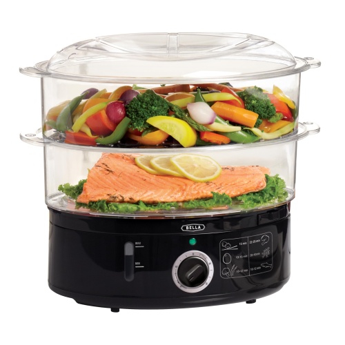 BELLA Two Tier Food Steamer with Dishwasher Safe Lids and Stackable Baskets & Removable Base for Fast Simultaneous Cooking - Auto Shutoff & Boil Dry Protection, Stainless Steel, 7.4 QT, Black - Image 1