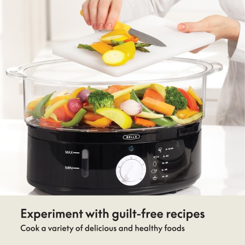 BELLA Two Tier Food Steamer with Dishwasher Safe Lids and Stackable Baskets & Removable Base for Fast Simultaneous Cooking - Auto Shutoff & Boil Dry Protection, Stainless Steel, 7.4 QT, Black - Image 5