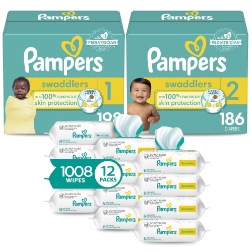 Pampers Baby Diapers and Wipes Starter Kit, Swaddlers Disposable Sizes 1 (198 Count) & 2 (186 Count) with Sensitive Water Based 12X Multi Pack Pop-Top Refill (1008 Count) - Image 1